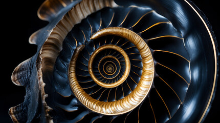 Obraz premium Cross section of black nautilus shell with gold lines, golden ratio fibonacci spiral concept with copy space