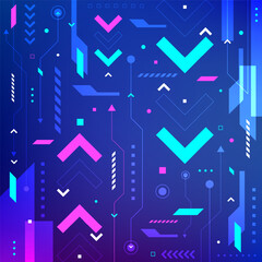 Futuristic high tech background with neon blue and magenta geometric shapes, digital circuit lines and arrows for cyberpunk technology and data network concepts