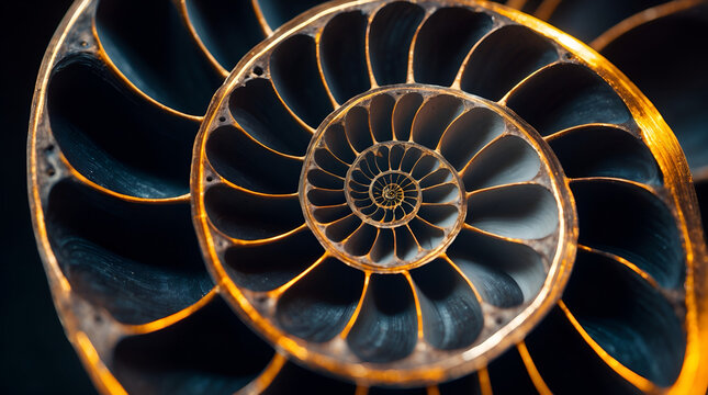 Cross section of black nautilus shell with gold lines, golden ratio fibonacci spiral concept with copy space