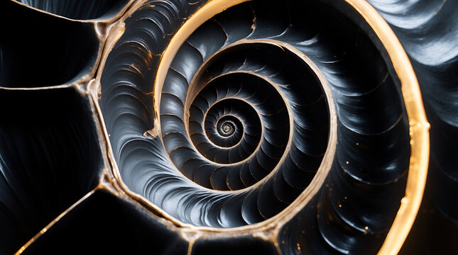 Cross section of black nautilus shell with gold lines, golden ratio fibonacci spiral concept with copy space