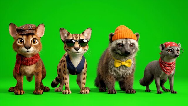Four diverse cartoon animals in stylish outfits dancing on a green screen background