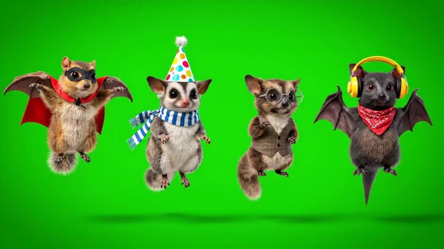 Adorable 3D cartoon animals in festive attire dancing on green screen
