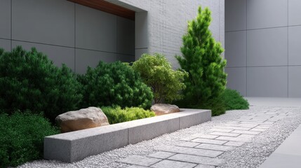 Obraz premium Serene Modern Garden Landscape with Lush Green Foliage, Natural Stones, and Sleek Pathway for Outdoor Design Inspiration and Tranquil Ambiance