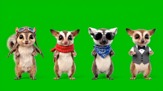 Four Adorable 3D Cartoon Gliding Animals in Fun Outfits on Green Screen
