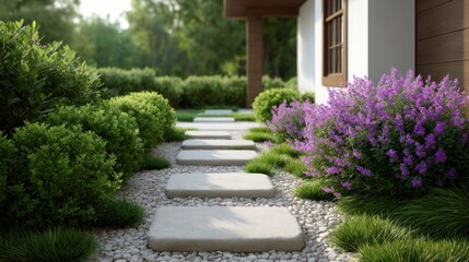 Serene Garden Path with Stone Walkway Surrounded by Greenery and Colorful Flowers in a Beautiful Outdoor Setting with Soft Natural Light