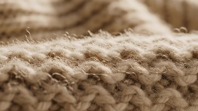 Close up view of the textured surface of a knitted wool sweater with soft, fuzzy fibers and a warm, beige color