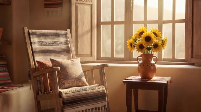 A sunlit room with a rocking chair, a vase of sunflowers on a side table, and wooden window shutters creating a warm, inviting atmosphere.