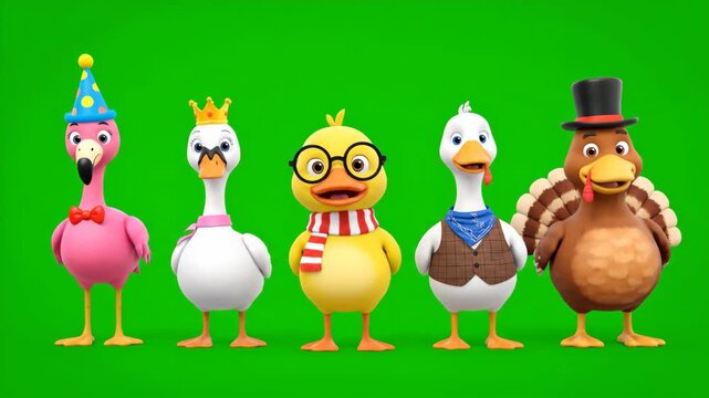 3D Cartoon Animals in Festive Attire Dancing on Green Screen