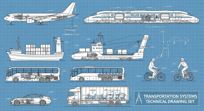 Transportation Systems Technical Drawing Set Blueprint Style.