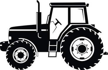 Obraz premium Monochrome vector illustration of a modern farm tractor in a side profile view with large wheels.