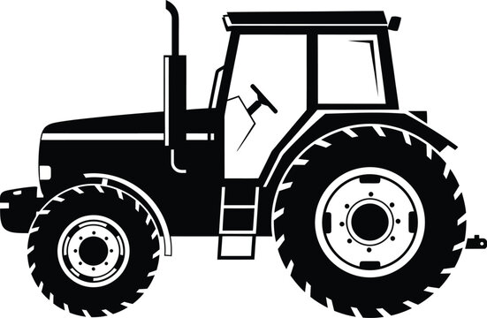 Monochrome vector illustration of a modern farm tractor in a side profile view with large wheels.
