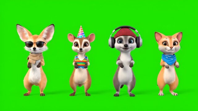 Animated Desert Animals Dancing in Party Attire on Green Screen