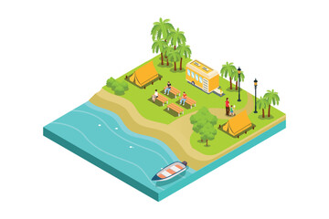 Fototapeta premium Isometric Illustration camping holidays composition with camper tent campfire cooking campingsite near river boats vector illustration 