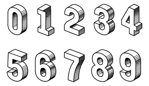 Hand drawn isometric line art number set featuring digits zero to nine for graphic design