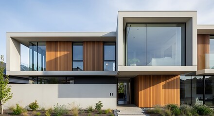 Modern two-story house with large windows.