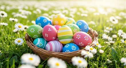 Fototapeta premium Easter eggs in basket with daisies