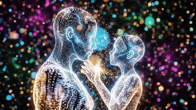 Glowing particle figures of an adult and child exchanging light against a colorful bokeh background