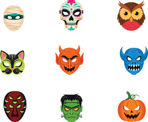 Fototapeta premium Halloween mask icons set with mummy, sugar skull, owl, cat, devil, monster, pumpkin, spooky cartoon vector faces