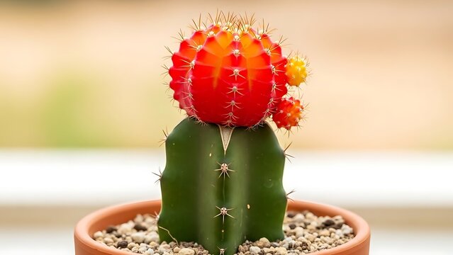 Vibrant red Moon Cactus succulent grafted on a green stem in a small pot.
