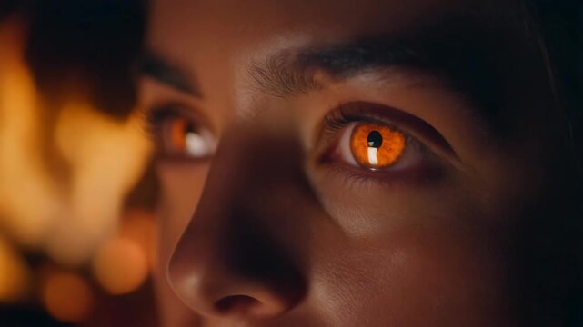 Close-up of a persons eyes glowing with an intense orange light, reflecting a fiery background, creating a mystical and powerful visual effect.