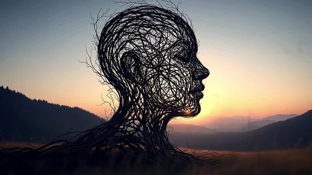 A captivating abstract visual features a human head profile intricately composed of dark, gnarled tree branches and roots, silhouetted against a stunning sunset or sunrise. The glowing sun emerges thr
