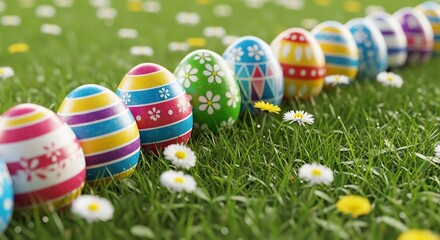 Colorful Easter eggs on green grass