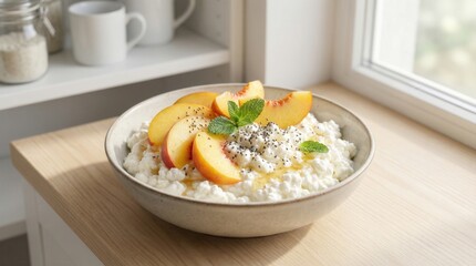Fresh Cottage Cheese Bowl with Peaches and Mint Garnish