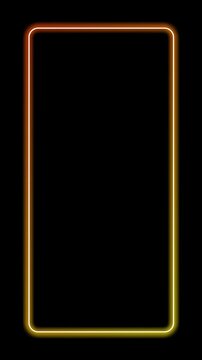 Animation of abstract elements of glowing orange yellow neon vertical rectangular frame on dark background