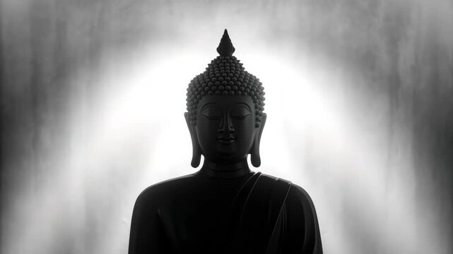Serene buddha silhouette monk statue meditation calm monochrome minimalist spiritual peaceful serenity backlight shadow statue meditation monk calm
