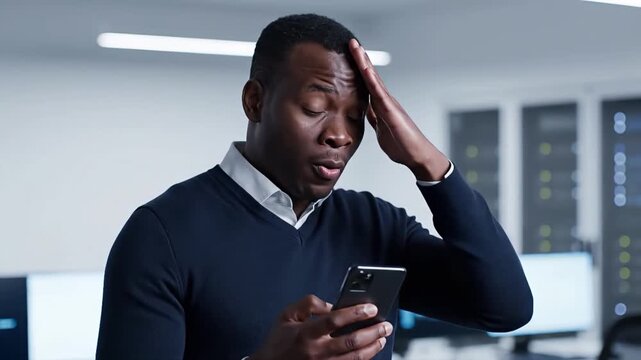 Stressed businessman reacts with shock and frustration to unexpected bad news received on his mobile phone in a modern office environment