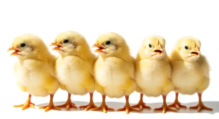 Fototapeta premium Five yellow chicks standing in a row