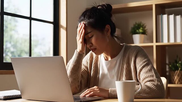 Stressed Asian Woman with Hand on Forehead Working on Laptop in Home Office with Coffee Cup Nearby