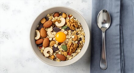 Healthy Breakfast Bowl Top View Isolated on White Background