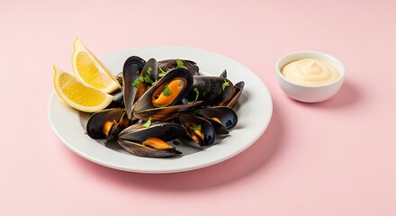 Delicious Steamed Mussels with Lemon and Sauce on Pink Background.
