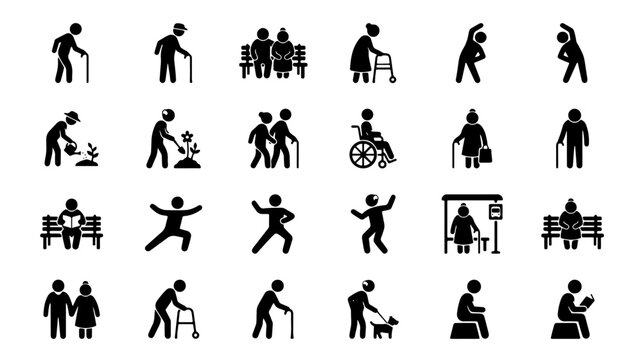 Collection of Elderly People Icons Representing Various Activities.