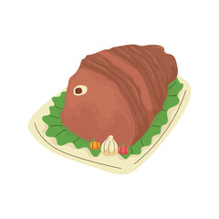 Hand-drawn flat illustration set of traditional Easter food and desserts, including cakes, bread, chocolate eggs, roast meat, and pastries. Perfect for Easter celebrations, menus, greeting cards, and 