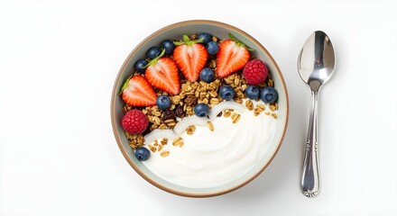 Healthy Breakfast Bowl Top View Isolated on White Background