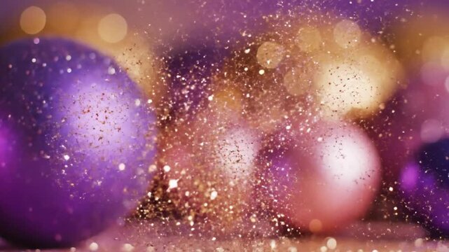 Purple and pink metallic balls with gold glitter explosion festive luxury background vibrant colorful decoration abstract luxury background slow motion footage