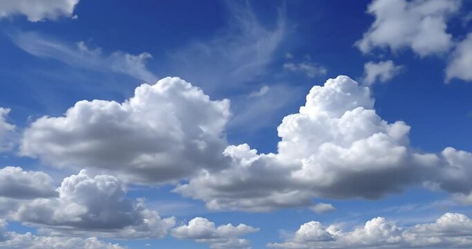 A vast, clear blue sky provides a breathtaking backdrop for an ever-changing spectacle of clouds. Dynamic white cumulus formations slowly drift and evolve across the expansive heavens, their fluffy te