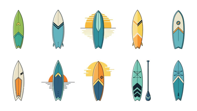Collection of colorful surfboards and paddleboard.