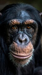 Close-up portrait of a chimpanzee with brown eyes and dark fur