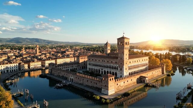 Aerial view of a historic Italian city and palace surrounded by water at sunset