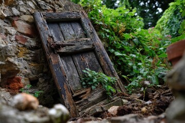 Obraz premium Abandoned door leaning against empty background for stock photos