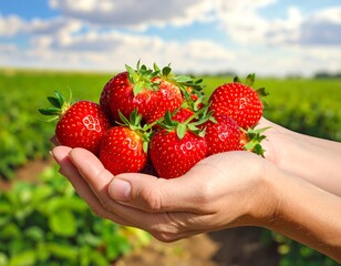 Close-up view of hands cupping a fresh harvest of strawberries