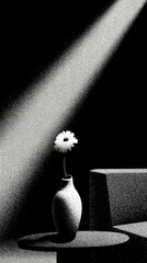 Monochrome Still Life with Flower in Vase and Light Beam