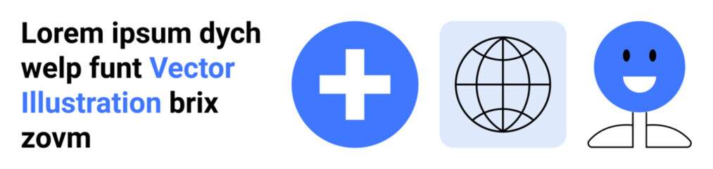 Fototapeta premium Healthcare, global communication, digital interaction, medical aid, positivity, networking. Cross, globe and smiling stick figure on blue and black elements. Healthcare and global communication