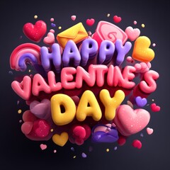 Happy Valentine's Day 3D Text with Hearts and Gifts