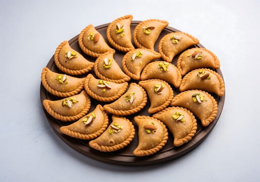 Traditional Indian Gujiya Sweets Arranged on Plate for Holi Festival, Homemade Fried Dessert with Nuts Filling, Classic Indian Mithai for Spring Celebration and Cultural Food Tradition