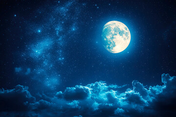 Fototapeta premium A luminous full moon shines brightly amid a starry night sky, casting a magical glow over fluffy clouds.