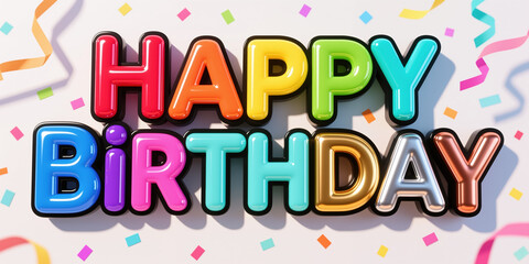 Vibrant 3D-style birthday greeting with shiny, multicolored letters and confetti on a white background, perfect for festive holiday.